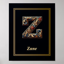 Póster de monograma de letra Z barroca de lujo