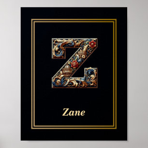 Póster de monograma de letra Z barroca de lujo
