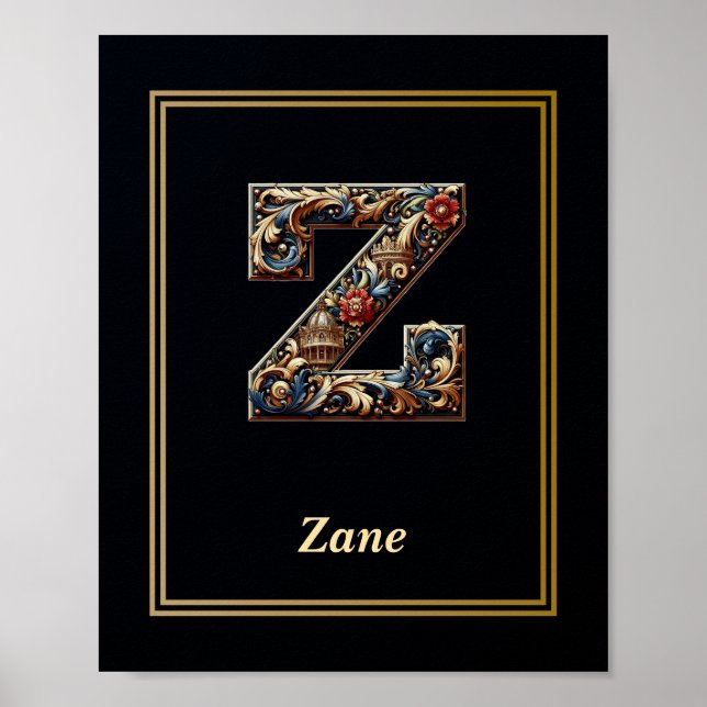 Póster de monograma de letra Z barroca de lujo (Frente)