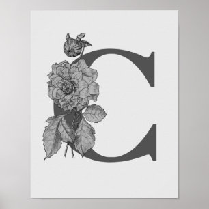 Póster de monograma elegante de peonía plateada in