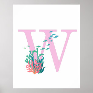 Póster de monograma W inicial rosa teal océano