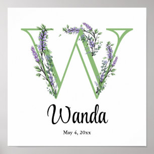 Póster de monograma W Lavanda Eucalipto guardería