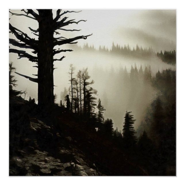 Póster De Montaña A Moody Mist De La Mañana Treescape (Anverso)