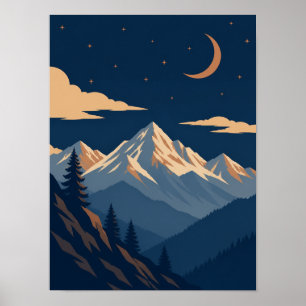 Póster de montaña bajo la luz de la luna en crepús