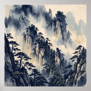 Póster de Montaña Brumosa con Tinta Azul