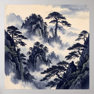 Póster de montaña de pino con tinta azul