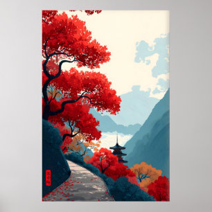 Póster de montaña Zen con árboles de hoja roja, mi