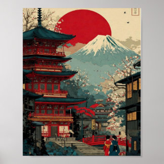 Póster de Monte Fuji y Pagoda Roja - Amanecer japo