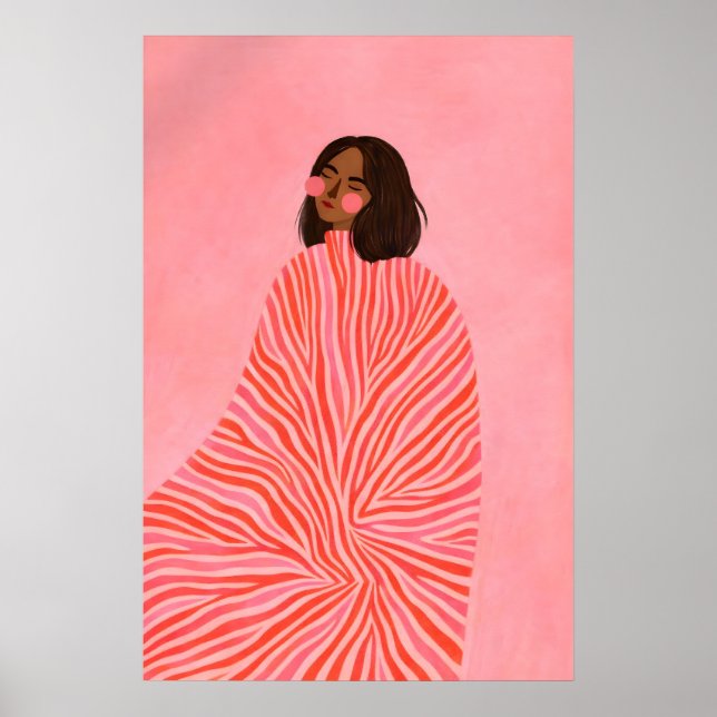 Póster de mujer a rayas rosadas, femenino moderno (Frente)