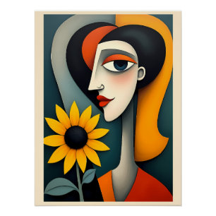 Póster de mujer abstracta y flor de sol