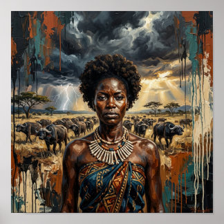 Póster de mujer africana búfalo, arte de reina neg