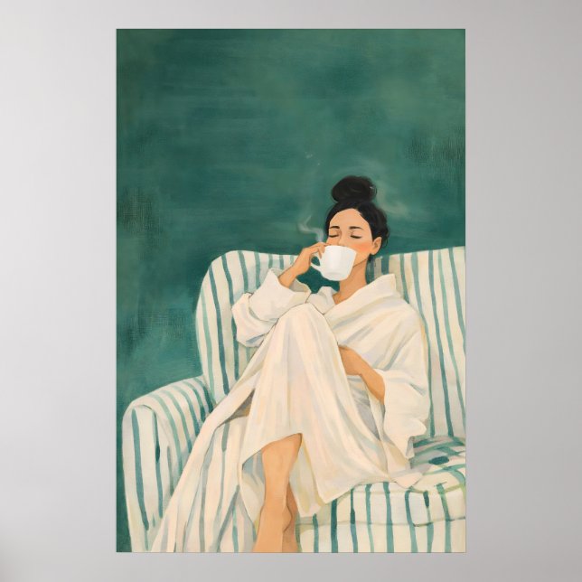 Póster de Mujer Bebiendo Café, Mañana Acogedora (Frente)