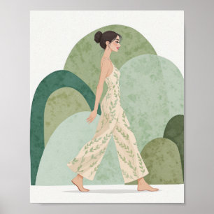 Póster de mujer caminando minimalista esmeralda