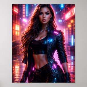 Póster de Mujer Ciudad Neon Ciberpunk