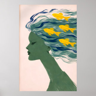 Póster de mujer con cabello de pez, retrato surrea