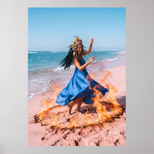 Póster de mujer con vestido azul, arte de fuego co