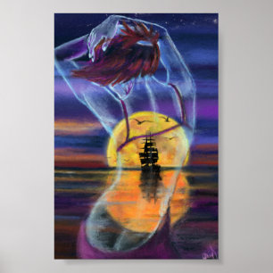 Póster de mujer de puesta de sol en el mar
