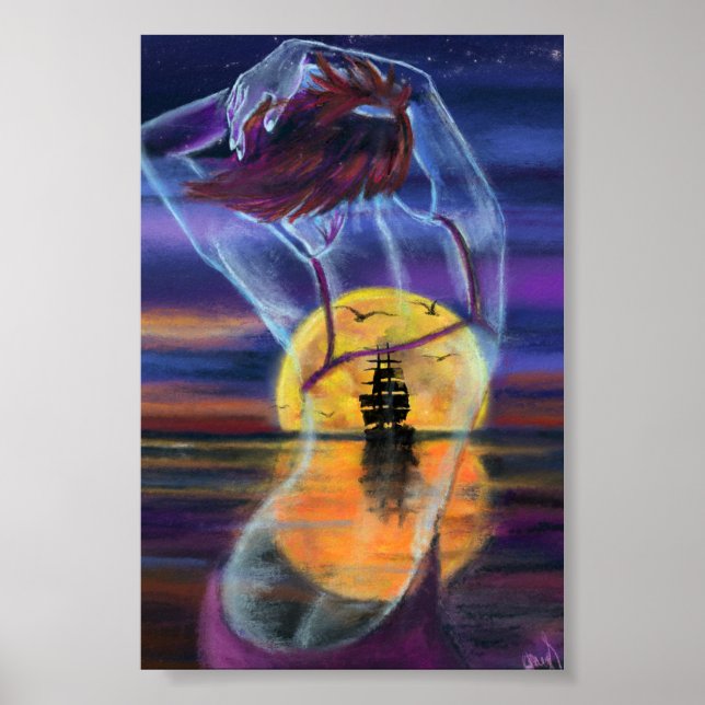 Póster de mujer de puesta de sol en el mar (Frente)