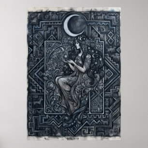 Póster de mujer luna monocroma