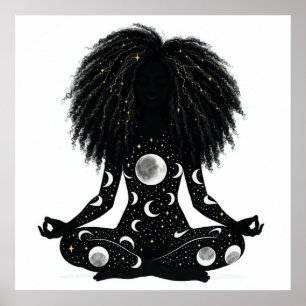 Póster de mujer meditando celestial minimalista