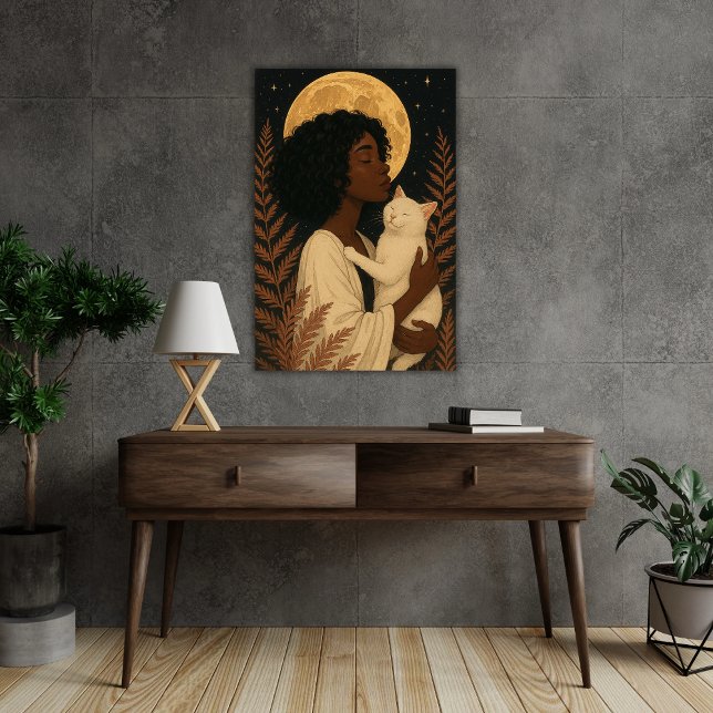 Póster de mujer negra con gato blanco bajo la luna (Subido por el creador)
