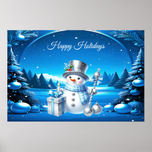 Póster de muñeco de nieve alegre en un bosque neva