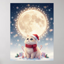 Póster de Navidad de gato lindo Kawaii con luna