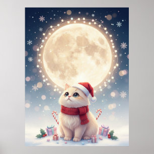 Póster de Navidad de gato lindo Kawaii con luna