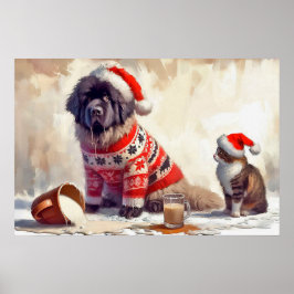 Póster de Newfie con gato y nogal de huevo derrama