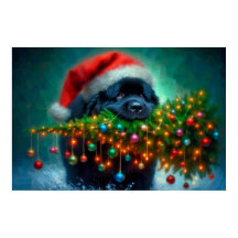 Póster de Newfie llevando un árbol de Navidad