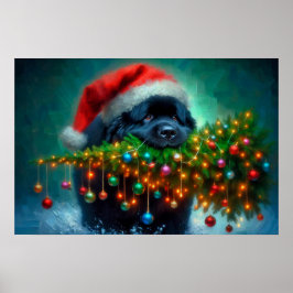 Póster de Newfie llevando un árbol de Navidad