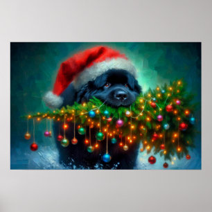 Póster de Newfie llevando un árbol de Navidad