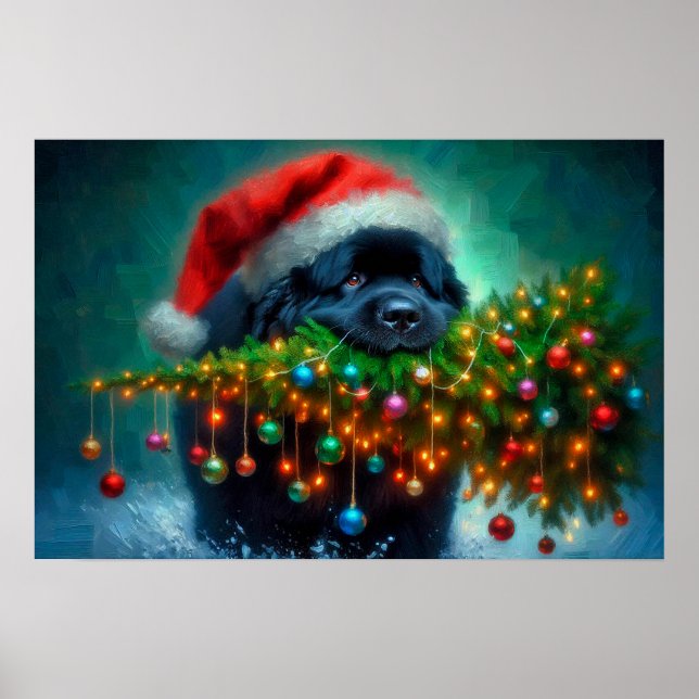 Póster de Newfie llevando un árbol de Navidad (Frente)