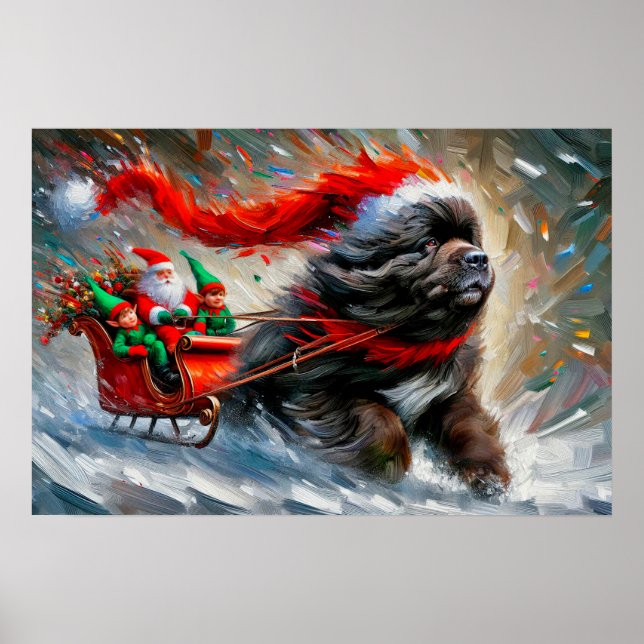 Póster de Newfie tirando del trineo de Santa (Frente)