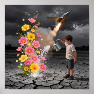 Póster de Niño Regando Flores en Tierras Áridas