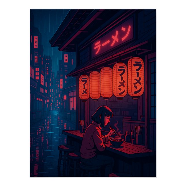 Póster de Noche de Ramen Cyberpunk – Ciudad Japone (Anverso)