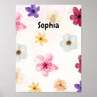 Póster de nombre floral personalizado con acuarela