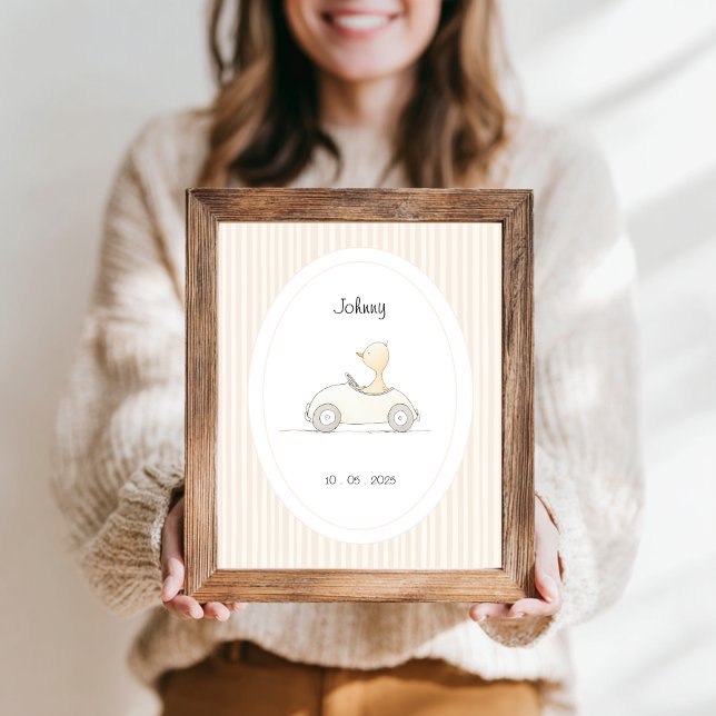 Póster de nombre y fecha de guardería del coche de (customizable name date baby nursery poster with a cute duck in a race car and beige stripes.)