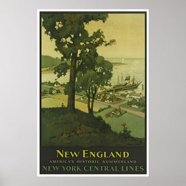 Póster de Nueva Inglaterra Arte de Viaje Central d (Frente)