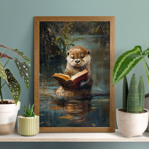 Póster de nutria adorable leyendo un libro