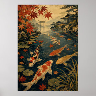 Póster de Ola de Pez Koi Japonés Sol Rojo Vintag