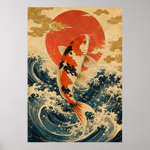 Póster de Ola de Pez Koi Japonés Sol Rojo Vintag