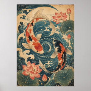 Póster de Ola de Pez Koi Japonés   Sol Rojo Vintag