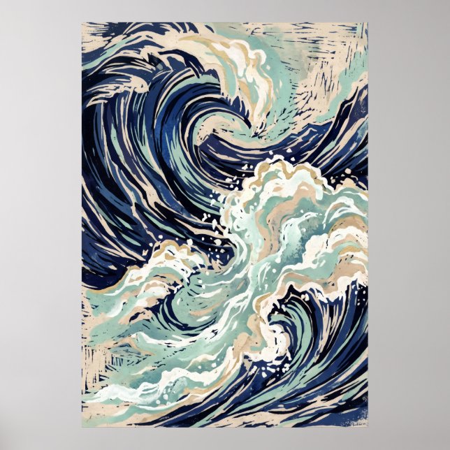 Póster de Ola Japonesa Azul (Frente)