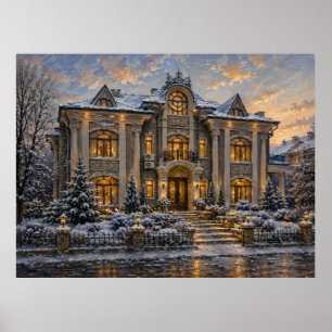 Póster de óleo de mansión victoriana nevada