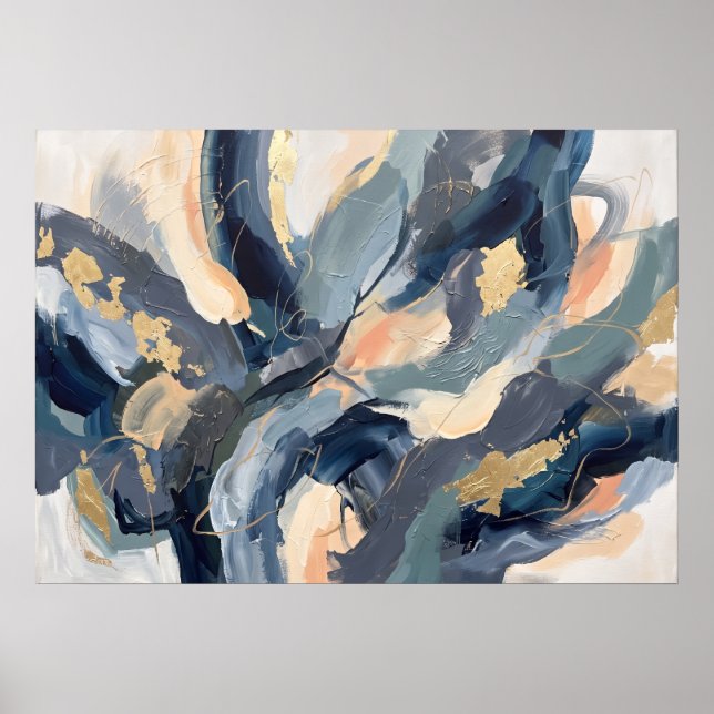 Póster de Onda Abstracta Crema Azul (Frente)