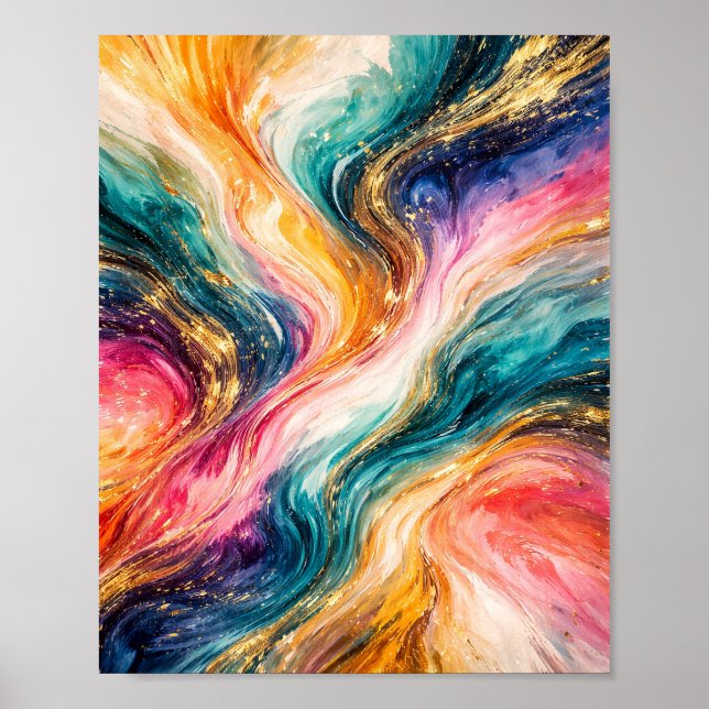 Póster de ondas abstractas de flujo dorado (Frente)