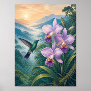 Póster de orquídea colibrí del bosque nuboso 12x16
