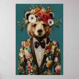 Póster de oso con traje, retrato de oso, óleo de o