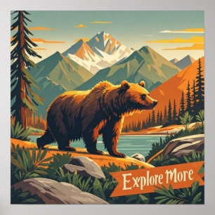 Póster de oso de dibujos animados estilo retro y c
